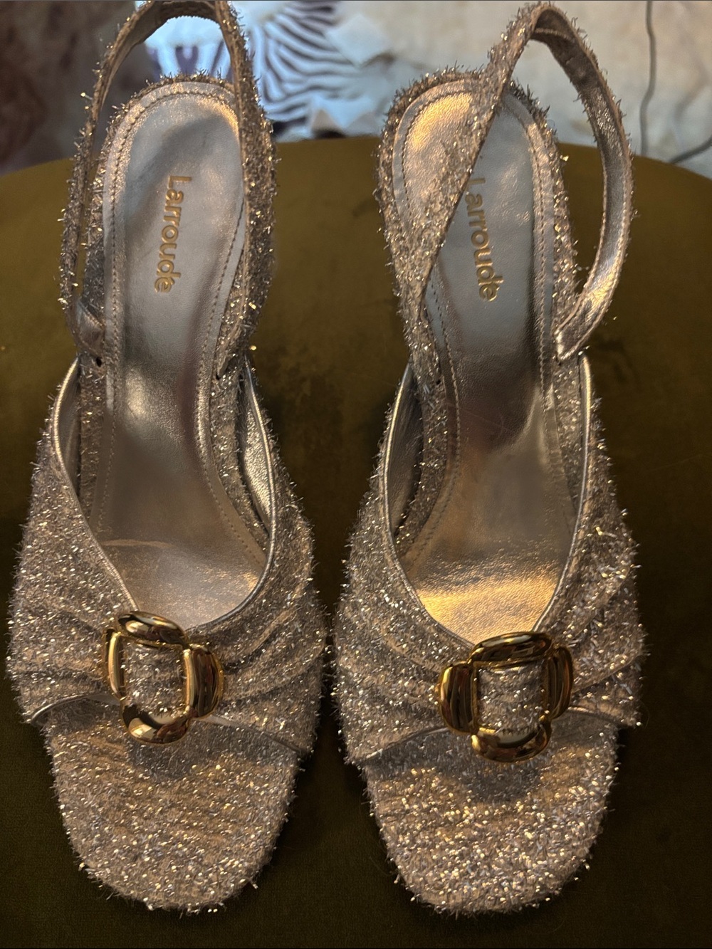 Larroudé Mayfair Sandal in silver lurex metallic fabric size 8.5